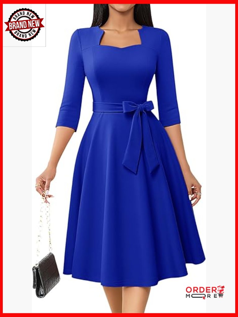 Women's A-Line Midi Cocktail Dress With Square Neck & Detachable Bow Belt